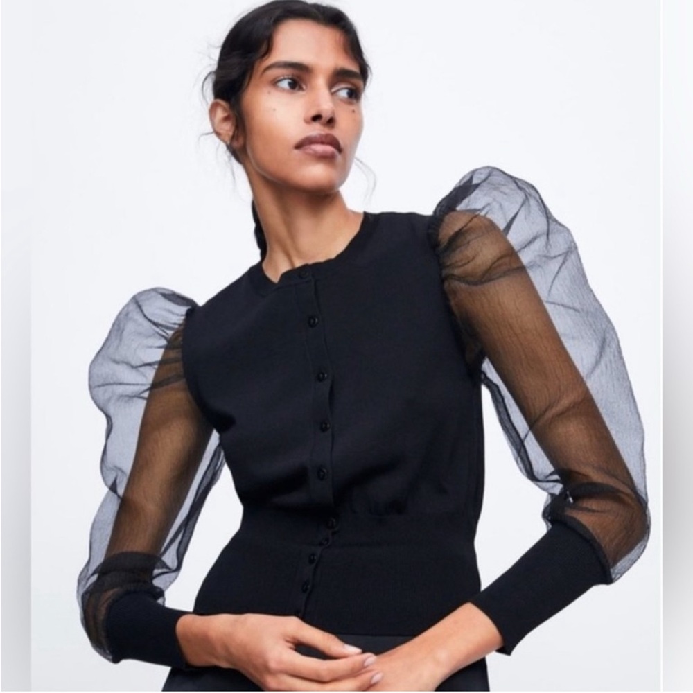 Zara Black organza puff sleeve cardigan
